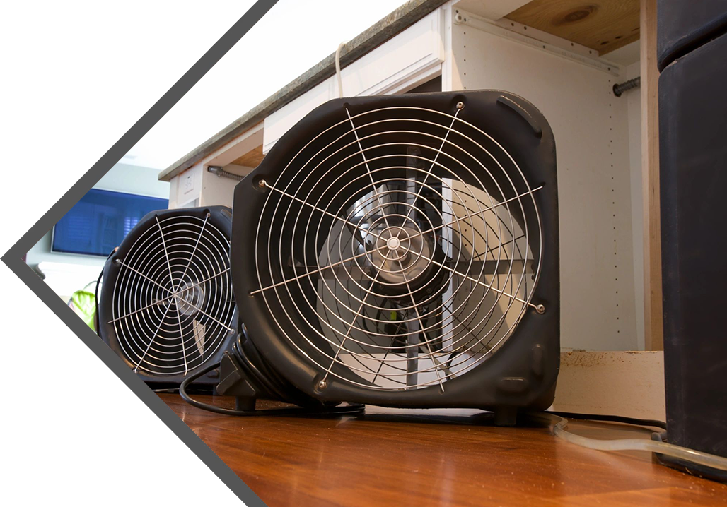 Two fans are sitting on the floor of a room.