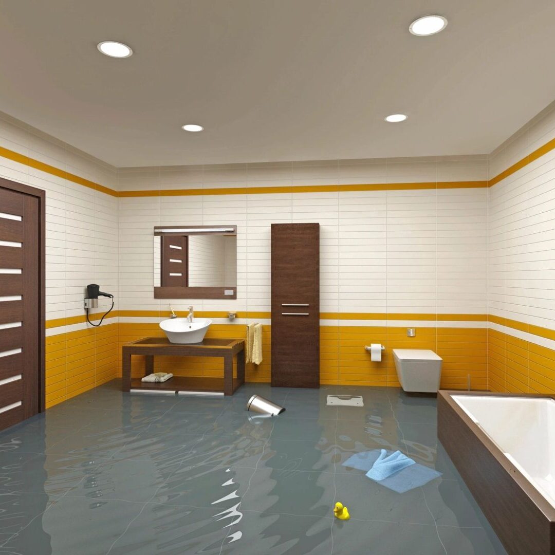 A bathroom with yellow walls and white fixtures.